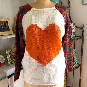 Darling Big orange heart colorful sweater by DEBUT S/M BoHo artsy Valentine Love